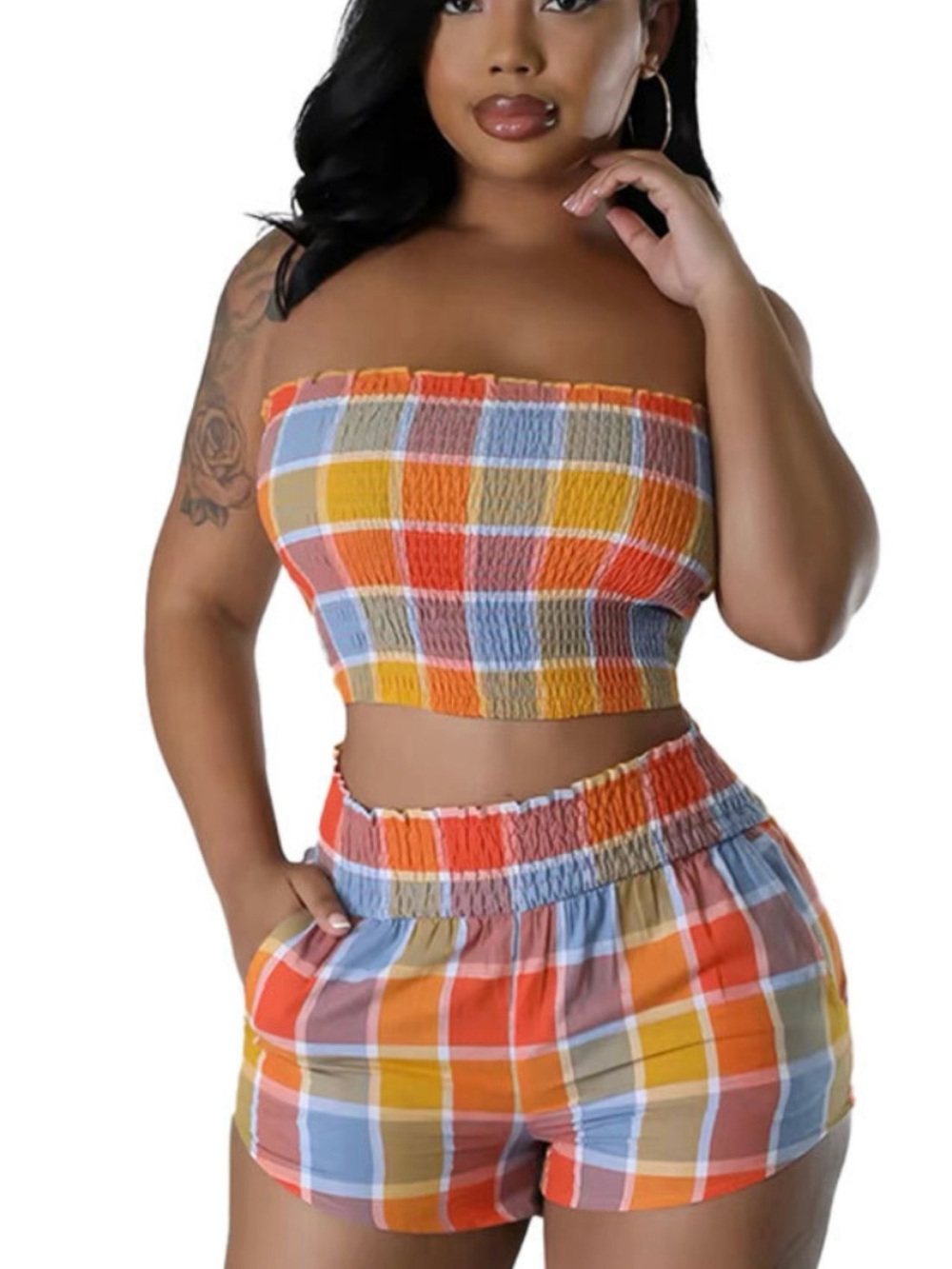 Smocked Plaid Strapless Romper Set in Orange & Blue
